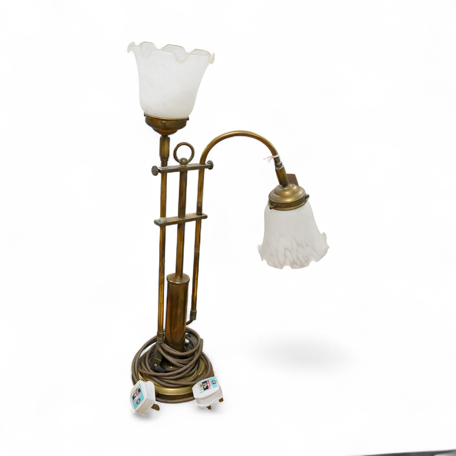 A brass rise and fall table lamp with opaque glass shades, 60cm high when extended